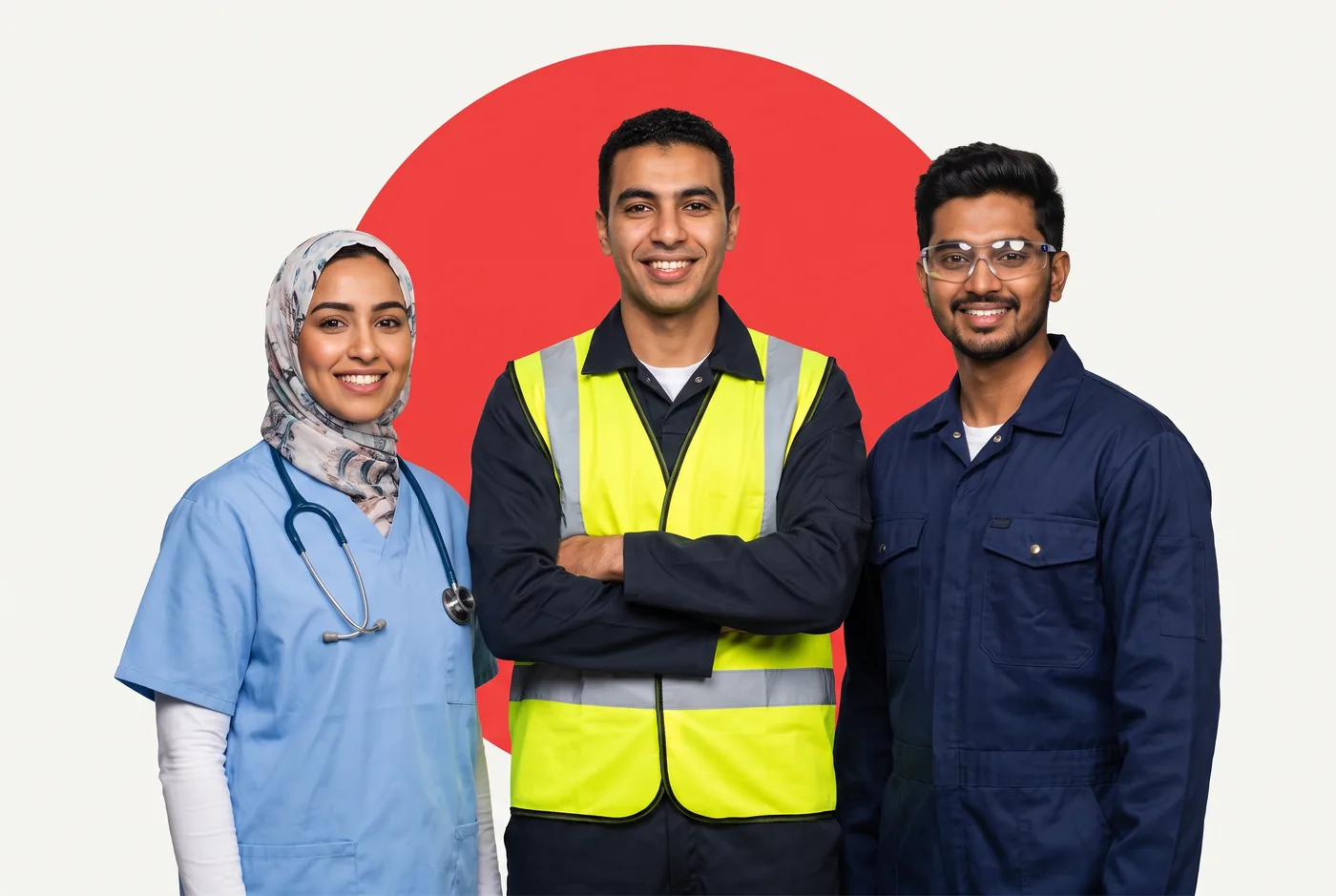 Drei Fachkräfte aus Pflege, Logistik und Technik