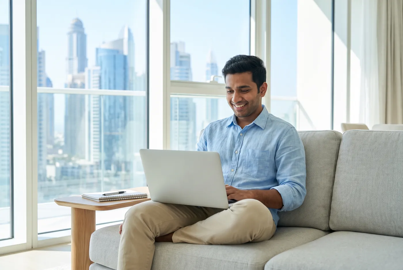 A man learning German in a Gulf city apartment
